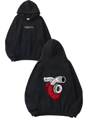 Urbvn Mekanik Kalp Tasarım Baskılı Oversize Siyah Kapüşonlu Sweatshirt
