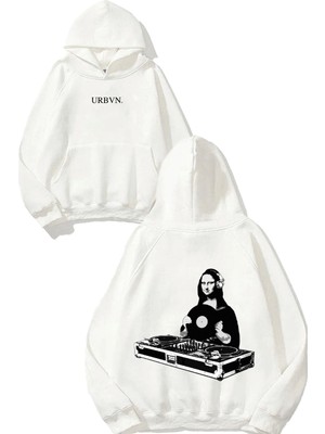 Urbvn Dj Mona Tasarım Baskılı Oversize Beyaz Kapüşonlu Sweatshirt