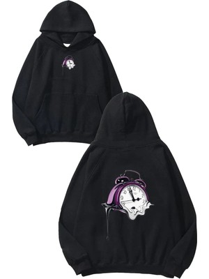Urbvn Melting Time Tasarım Baskılı Oversize Siyah Kapüşonlu Sweatshirt