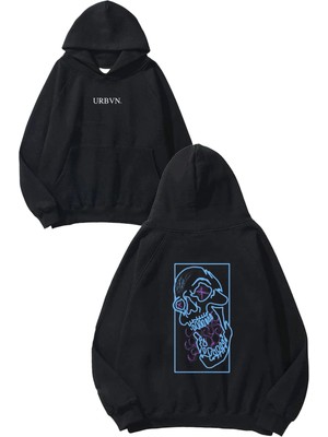 Urbvn Kurukafa Çizim Tasarım Baskılı Oversize Siyah Kapüşonlu Sweatshirt