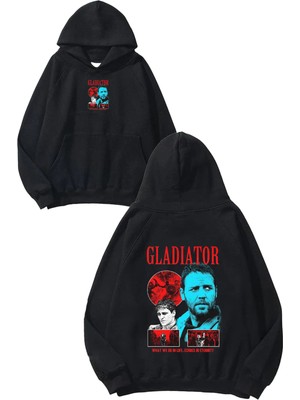 Urbvn Gladiator Tasarım Baskılı Oversize Siyah Kapüşonlu Sweatshirt
