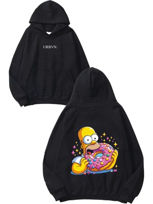 Urbvn Simpson Donut Tasarım Baskılı Oversize Siyah Kapüşonlu Sweatshirt