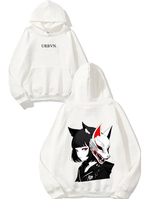 Urbvn Chinese Girl Fox Tasarım Baskılı Oversize Beyaz Kapüşonlu Sweatshirt