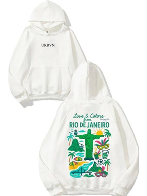 Urbvn Rio Tasarım Baskılı Oversize Beyaz Kapüşonlu Sweatshirt