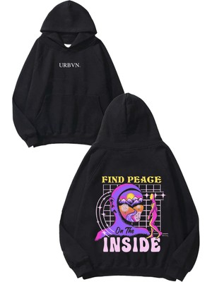 Urbvn Find Peace Tasarım Baskılı Oversize Siyah Kapüşonlu Sweatshirt