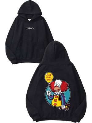 Urbvn Halloween Clown Tasarım Baskılı Oversize Siyah Kapüşonlu Sweatshirt