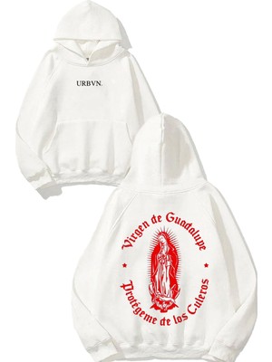 Urbvn Virgin Red Tasarım Baskılı Oversize Beyaz Kapüşonlu Sweatshirt