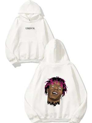 Urbvn Rapper Face Tasarım Baskılı Oversize Beyaz Kapüşonlu Sweatshirt