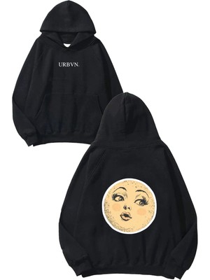 Urbvn Moon Girl Kiss Tasarım Baskılı Oversize Siyah Kapüşonlu Sweatshirt