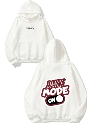 Urbvn Dance Mode Tasarım Baskılı Oversize Beyaz Kapüşonlu Sweatshirt