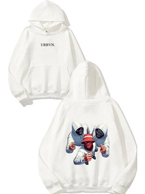 Urbvn Gang Boy Tasarım Baskılı Oversize Beyaz Kapüşonlu Sweatshirt