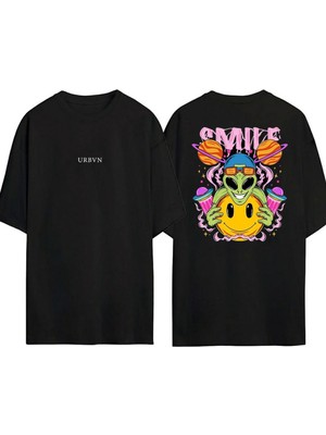Urbvn Smile 8 Tasarım Baskılı Siyah Oversize T Shirt