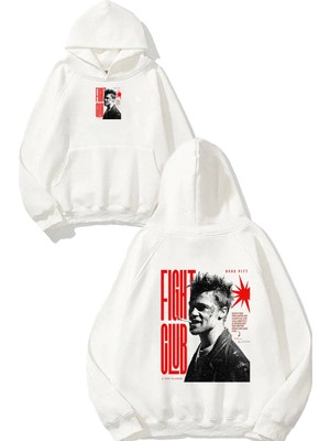 Urbvn Fight Club 4 Tasarım Baskılı Oversize Beyaz Kapüşonlu Sweatshirt