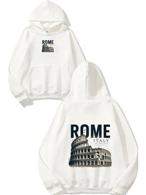 Urbvn Rome Tasarım Baskılı Oversize Beyaz Kapüşonlu Sweatshirt