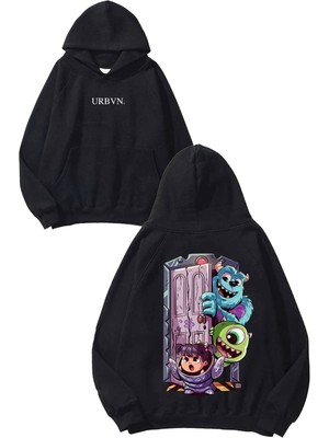 Urbvn Monsters Tasarım Baskılı Oversize Siyah Kapüşonlu Sweatshirt
