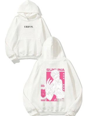 Urbvn Sukuna Tasarım Baskılı Oversize Beyaz Kapüşonlu Sweatshirt