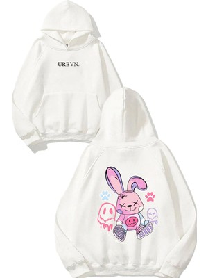 Urbvn Rabbit Pink Tasarım Baskılı Oversize Beyaz Kapüşonlu Sweatshirt
