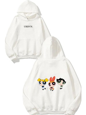 Urbvn Girls Powerpuff Tasarım Baskılı Oversize Beyaz Kapüşonlu Sweatshirt