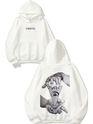 Urbvn El Göz Tasarım Baskılı Oversize Beyaz Kapüşonlu Sweatshirt