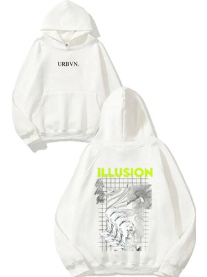 Urbvn Illusion Man Tasarım Baskılı Oversize Beyaz Kapüşonlu Sweatshirt