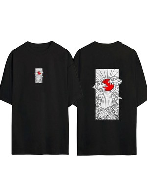 Urbvn Japan Sun 1 Tasarım Baskılı Siyah Oversize T Shirt