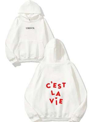 Urbvn La Vie 1 Tasarım Baskılı Oversize Beyaz Kapüşonlu Sweatshirt