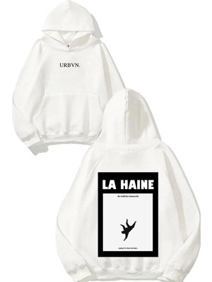 Urbvn La Haine Fall Tasarım Baskılı Oversize Beyaz Kapüşonlu Sweatshirt