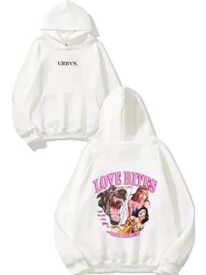 Urbvn Love Bites Tasarım Baskılı Oversize Beyaz Kapüşonlu Sweatshirt