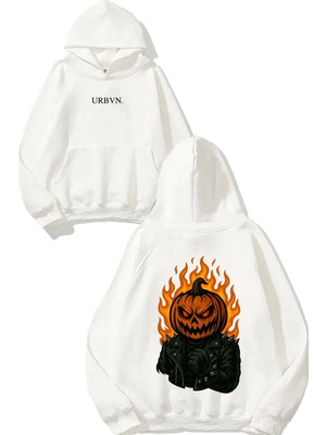 Urbvn Pumpkin Flame Tasarım Baskılı Oversize Beyaz Kapüşonlu Sweatshirt