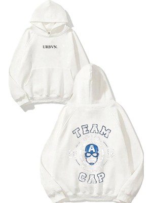 Urbvn Team Cap Tasarım Baskılı Oversize Beyaz Kapüşonlu Sweatshirt