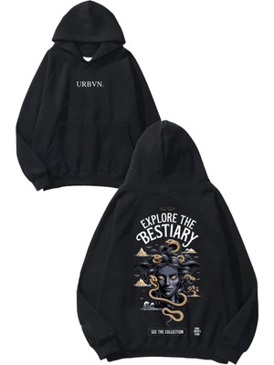 Urbvn Bestiary Tasarım Baskılı Oversize Siyah Kapüşonlu Sweatshirt
