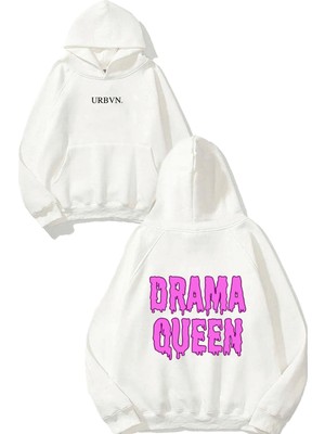 Urbvn Drama Queen Pink Tasarım Baskılı Oversize Beyaz Kapüşonlu Sweatshirt