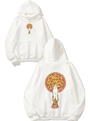 Urbvn Pizza Dilim Tasarım Baskılı Oversize Beyaz Kapüşonlu Sweatshirt