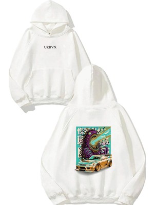Urbvn Monster Car Tasarım Baskılı Oversize Beyaz Kapüşonlu Sweatshirt