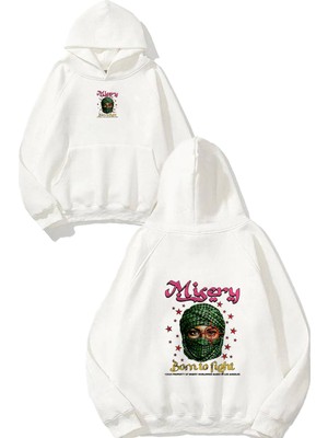 Urbvn Mistery Tasarım Baskılı Oversize Beyaz Kapüşonlu Sweatshirt