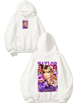 Urbvn Taylor Tasarım Baskılı Oversize Beyaz Kapüşonlu Sweatshirt