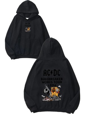 Urbvn Acdc Ballbreaker Tasarım Baskılı Oversize Siyah Kapüşonlu Sweatshirt