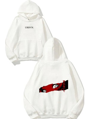 Urbvn Red Eyes Anime Tasarım Baskılı Oversize Beyaz Kapüşonlu Sweatshirt