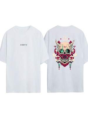 Urbvn Korean Skull Tasarım Baskılı Beyaz Oversize T-Shirt