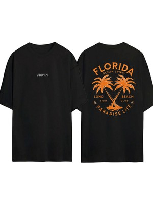 Urbvn Florida Tasarım Baskılı Siyah Oversize T Shirt
