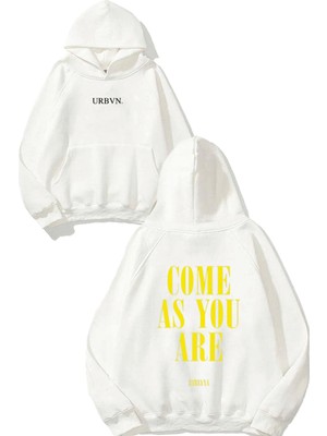 Urbvn Come As You Are Tasarım Baskılı Oversize Beyaz Kapüşonlu Sweatshirt