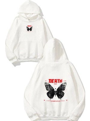 Urbvn Death Butterfly Tasarım Baskılı Oversize Beyaz Kapüşonlu Sweatshirt