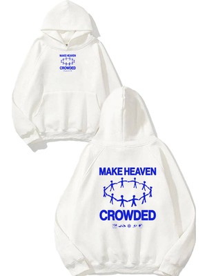 Urbvn Crowded Tasarım Baskılı Oversize Beyaz Kapüşonlu Sweatshirt