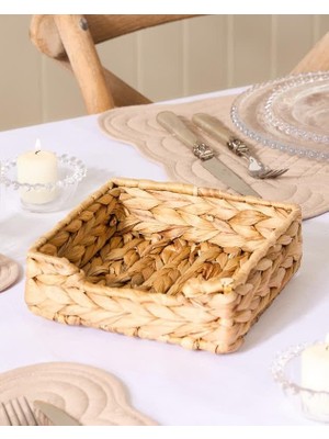 Skygo El Yapımı Örme Doğal Su Sümbülü Hasır Peçetelik (19 * 19 * 7cm) - Yemek Masası Üstü Kağıt Peçetelik Doğal Geri Dönüşümlü.