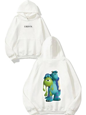 Urbvn Canavarlar Üniversitesi Tasarım Baskılı Oversize Beyaz Kapüşonlu Sweatshirt