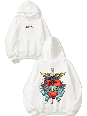 Urbvn Bon Jovi Heart Tasarım Baskılı Oversize Beyaz Kapüşonlu Sweatshirt