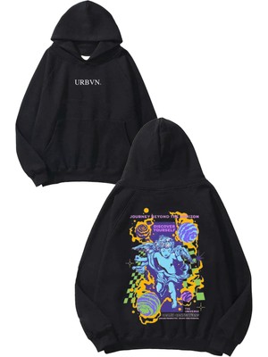 Urbvn The Universe Tasarım Baskılı Oversize Siyah Kapüşonlu Sweatshirt