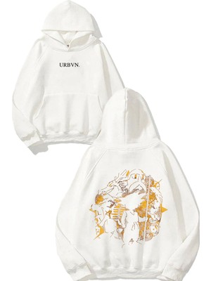 Urbvn Warrior Team Tasarım Baskılı Oversize Beyaz Kapüşonlu Sweatshirt