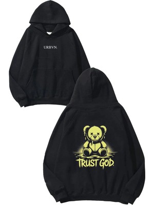Urbvn Trust God Tasarım Baskılı Oversize Siyah Kapüşonlu Sweatshirt