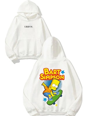 Urbvn Bart Simpson Skate Tasarım Baskılı Oversize Beyaz Kapüşonlu Sweatshirt